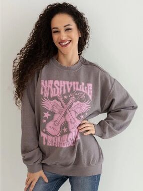PacSun Gray Crewneck Sweatshirt with Pink Nashville Graphic